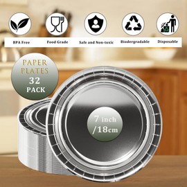 Mienocol 32pcs Metallic Silver Paper Plates,7 inch Foil Silver Party Paper Plates Tableware Round Dinner Plate for Christmas,Birthday,Wedding,Picnic, BBQ,Bar,Restaurant and Party Supplies Table Décor