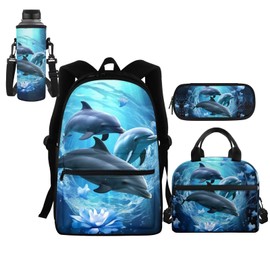 HELLHERO 4 IN 1 Adorable Dolphin Backpack for Girls School Bag with Insulated Lunch Box Pencil Case Boys Water Bottle Sleeve Kids School Backpacks Elementary Kindergarten Preschool Bookbag