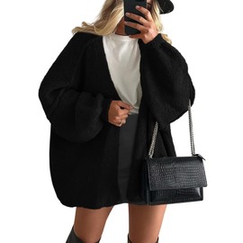 PRETTYGARDEN Womens Oversized Cardigan Sweaters 2024 Fall Long Lantern Sleeve Knit Open Front Lightweight Sweater (Black,Large)
