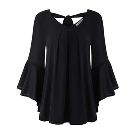 Flowy Shirts for Women Boho Trendy, Womans Tops Plus Size Dressy Low Vneck 3/4 Bell Sleeve Pleated Front Bow Tie Back Crepe Knit Chiffon Tunic Blouse Spring Summer Casual Black XL