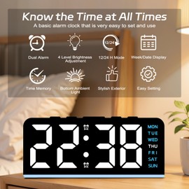 Necomi 【Upgrade】 6.8'' Digital Alarm Clock, LED Alarm Clock with Light, with Day/Date/Temperature/ 12/24H/ Dual Alarm/Snooze, Bedside Table Desk Clock, Digital Alarm Clock for Bedroom Office(Blue)