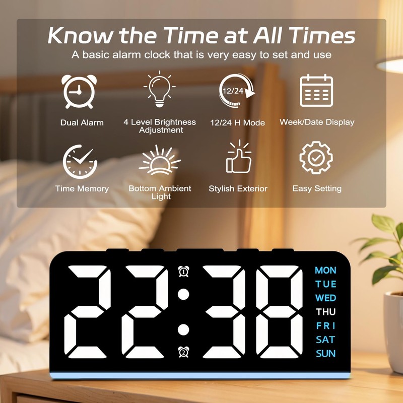 Necomi 【Upgrade】 6.8'' Digital Alarm Clock, LED Alarm Clock with