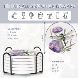 Coaster for Drinks Set of 6, Dragonfly Flower Absorbing Round Ceramic Stone Coaster with Cork Base,Tabletop Protection Mat for Mugs and Cups,Coffee Table Wine Glass Home Bar 4 Inch