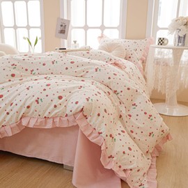 MKXI Strawberry Print Comforter Set - Pink and White Ruffled Bedding with Floral Accents, Soft Microfiber, 3-Piece Queen Size, Lightweight and Cozy for Kids, Teens, and Adults