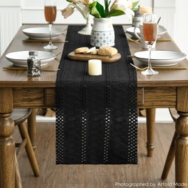 Artoid Mode Black Farmhouse Woven Rustic Hollow Table Runner, Seasonal Holiday Hollow Kitchen Dining Table Decoration for Home Party Decor 12x120 Inch