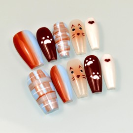 Press On Nails Medium Coffin Fake Nails with Cat Gradient Lattice Design Glue on Nails Coffee Haze Blue Full Cover False Nails Glossy Stick on Nails for Women Autumn and Winter Manicure