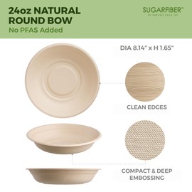 [50 COUNT]Sugarfiber by Harvest Pack PFAS FREE 24oz Round Paper Bowls - Compostable Heavy-Duty Eco-Friendly Disposable Bagasse Bowl sugarcane made plant fibers for Meal Prep