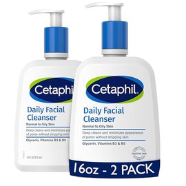 Face Wash by CETAPHIL, Daily Facial Cleanser for Sensitive, Combination to Oily Skin, NEW 16 oz 2 Pack, Gentle Foaming, Soap Free, Hypoallergenic