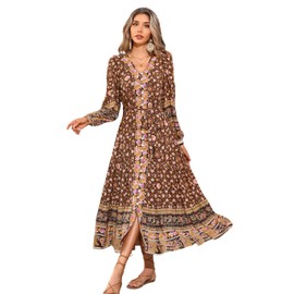R.Vivimos Women's Long Sleeve Boho Midi Dress V Neck Floral Print Casual Button Down Loose Ruffle Beach Long Dress with Belt (Large, Brown)