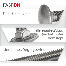 Faston Flat Round-Head Screws, Stainless Steel A2 V2A (10 Pieces), Carriage Bolts with Square Base, Full Thread