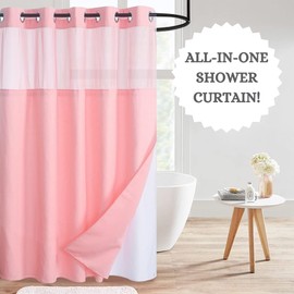 WPM No Hooks Required Shower Curtain with Snap-in Liner Waffle Weave Design, Hotel Grade Waterproof & Washable, Mesh top Window Pink Curtains (72"x86" W/Liner, Blush Pink)