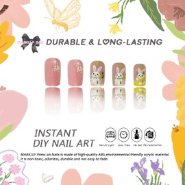 Easter Press on Nails Medium Square MABKJLF Pink Fake Nails False Nails with Designs Cute Bunny Easter Eggs Floral Full Cover Glossy Glue on Nails Spring Acrylic Nails for Women Girls 24 Pcs