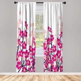 Lunarable East Window Curtains, Japanese Cherry Blossoms Sakura Branches Spring Flower Garden Illustration, Lightweight Decorative 2-Panel Set & Rod Pocket, Pair of - 28" x 84", Hot Pink