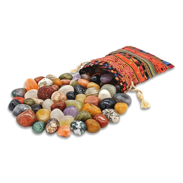 Colludo Gemstone Set Natural Tumbled Stones in Various Sizes, Practical in Colourful Fabric Bag Ideal for Children, Decoration, Healing Stones & Worry Stone and Much More