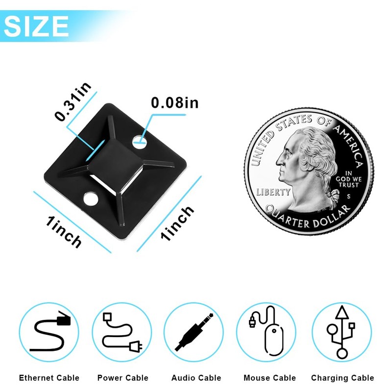 Zip Tie Mounts - Small Cable Tie Adhesive Mount, 1in/25mm