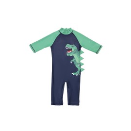 LIZENS Boys Rash Guard Shirts One Piece Swimwear Green Dinosaur Short Sleeve UPF50+ Sun Protection Swimsuit（5-6T）