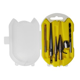 Woodworking All-in-One Drill/Reamer Set, 5 Titanium Step Bits, Side-Cutting Bits, Countersink Bits, Tapered Reamers for Wood, Metals, Plastics, Plastic Case