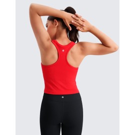 CRZ YOGA Girls Seamless Ribbed Longline Sports Bra - High Neck Racerback Training Yoga Bra for Teens Kids Dance Crop Top Deep Red X-Large