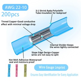 200 Pcs Heat Shrink Butt Connectors Kit,Waterproof Insulated Marine Automotive Crimp Terminals Butt Splice Connectors for Marine Automotive Motorcycle Truck Electrical