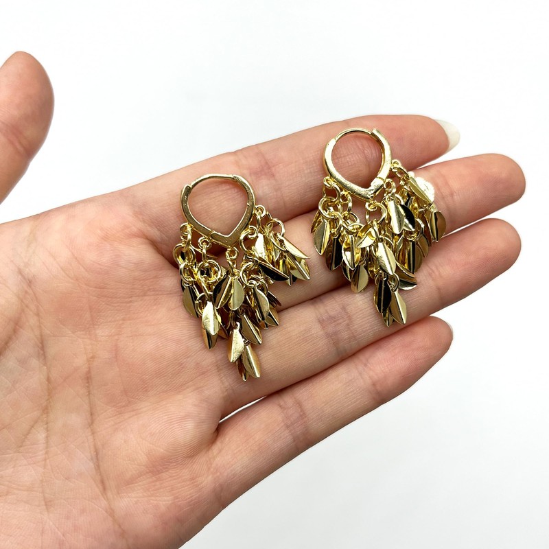 Gold Plated Cascading Leaf Dangle Earrings, Long Tassel Drop Design,