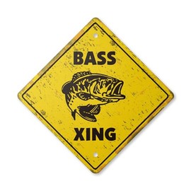Bass Vintage Crossing Sign Zone Xing | Indoor/Outdoor Plastic | 14" Tall Rustic New Fishing Boat Fish Lure Rod Reel hat Waders Boot