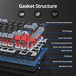 Mosptnspg 75% TKL Wired Mechanical Keyboard,RGB Backlit Gasket Mount 82 Key Hot Swappable Custom Linear Red Switch Gaming Keyboard with Volume Knob & PBT Keycaps (82 Dark)