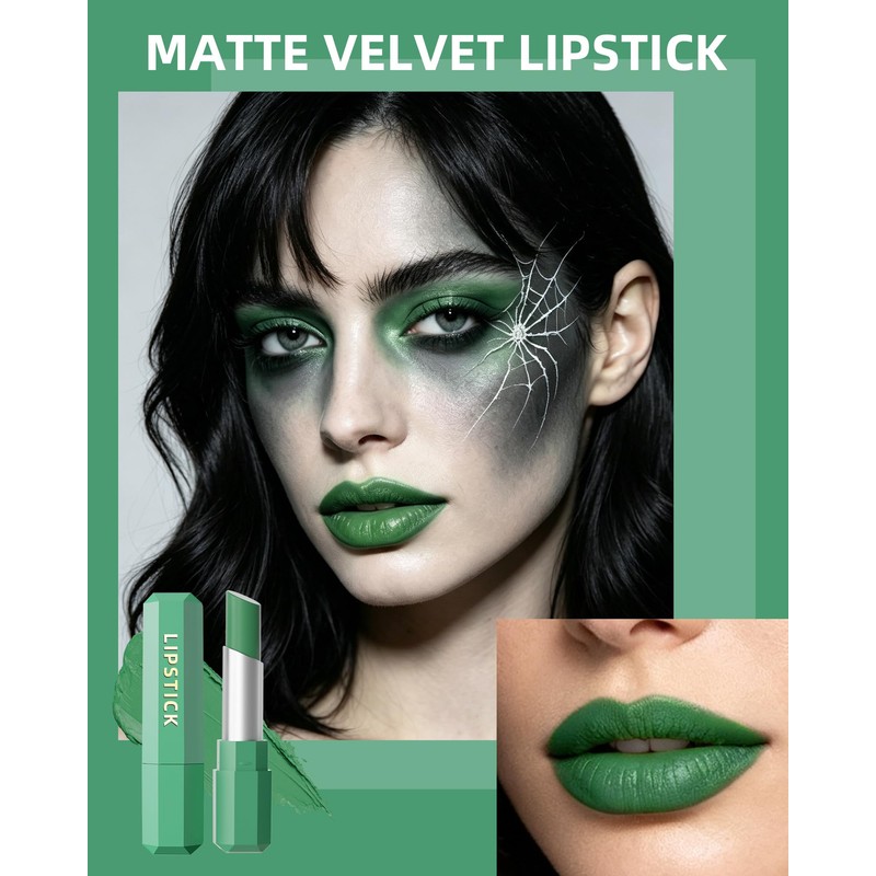Matte Velvet Lipstick,Green Creamy Lipgloss Stick Women Halloween Makeup