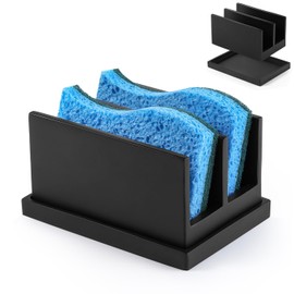Luxspire Kitchen Sponge Holder for Sink, Sink Organiser, Resin Dish Sponge Holder with 2 Compartments, Sponge Tray for Kitchen Sink, Sponge Holder with Drip Tray, Sink Caddy, Matte Black