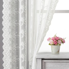 Cortinas de encaje de café Kotile de 45 pulgadas de largo para ventana de cocina, cortinas cortas de encaje bordadas con flores de enredadera vintage de 2 paneles para ventana pequeña, cortinas de