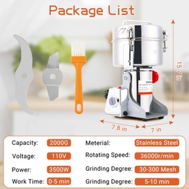 BI-DTOOL Electric Grain Mill Grinder 2000g Stainless Steel Pulverizer 36000r/min High-speed Grain Mill 3500W Dry Material Grinding Machine 270° swingable Superfine powder for Home and Commercial