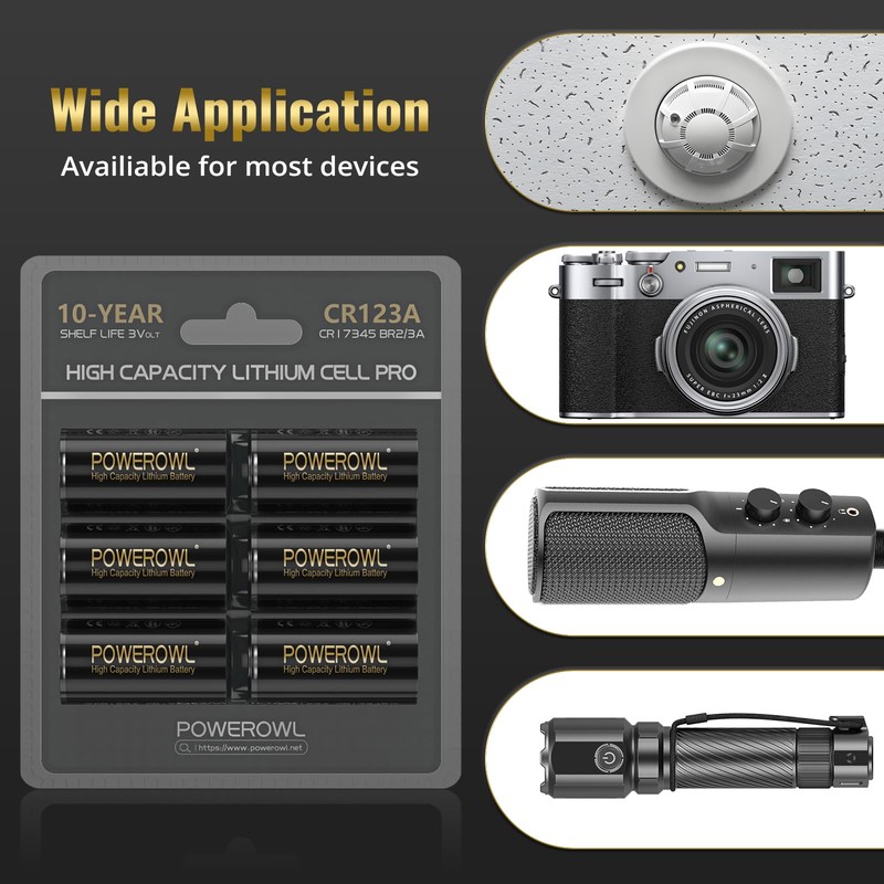 POWEROWL CR123A 3V Lithium Battery 12 Count, High Capacity 123A