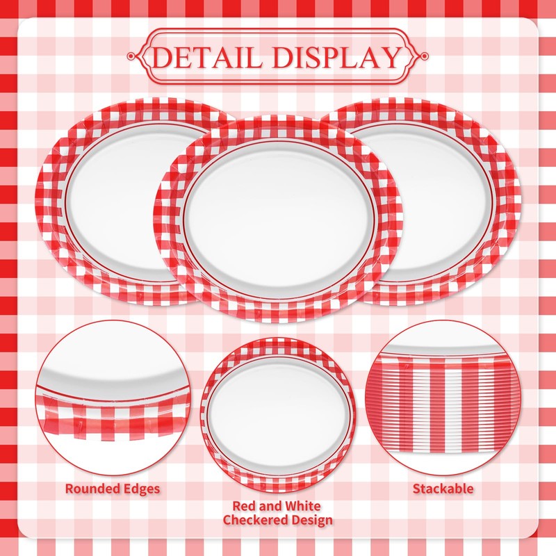 PhyLence 50 Pcs Red Gingham Oval Paper Plates – 9"