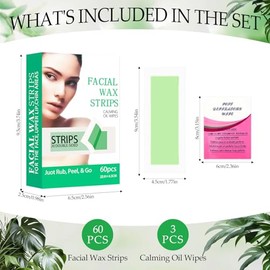 Tiras de cera facial para depilación, tiras de cera para cara, 60 unidades de depilación + 3 toallitas de aceite calmante, labio superior, barbilla, c