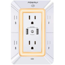 USB Wall Charger, Surge Protector, POWRUI 6-Outlet Extender with 2 USB Charging Ports (2.4A Total) and Night Light, 3-Sided Power Strip with Adapter Spaced Outlets - White，ETL Listed