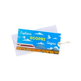 LINA OFFICINE GRAFICHE CREATIVE biglietto auguri regalo viaggio TRENO portasoldi biglietto originale