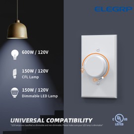 ELEGRP Digital Rotating Dimmer Switch for Dimmable LED, CFL and Incandescent Light Lamp Bulbs, Single Pole / 3-Way Rotary Dimmer Switch, Wall Plate Included, UL Listed (10 Pack, Matte White)