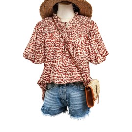 Fashionworks Tie Split Neck Puff Sleeve Blouse Size M