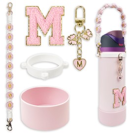 Silicone Boot Cute Monogram Set with Handle Strap for Owala Water Bottle 24 oz, 32 oz, 40 oz - Perfect Letter Owala Accessories Fits Owala Tumbler, Owala Free Sip, Pink Owala, Black Owala (Pink, M)