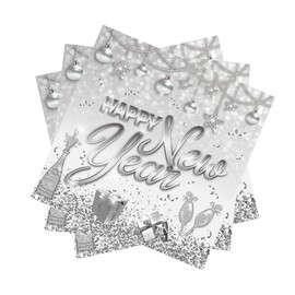 40pcs Silver Happy New Year Party Paper Napkins New Years Eve Napkins 2025 New Year Party Supplies 2025 White and Silver New Year Lunch Napkins Silver Snowflake Disposable Napkins for New Year Party