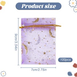 Gaaines 100 Pcs 7X9cm Small Organza Bags Drawstring, Moon Stars Organza Gift Bags, Jewellery Bags, Wedding & Baby Shower Occasion, 10 Colors, 100 Count