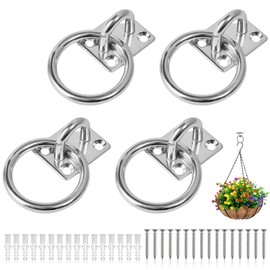 mizikuu 4 Pack Tie Ring on Plate, 50 x 50mm Tie Rings for Horses Heavy Duty Decking Rope Fittings Stainless Steel with Screws Haynet for Horses Pad Eye Plate for Stable Ring