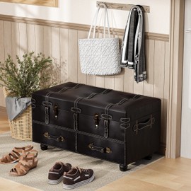 LONYKE Vintage Treasure Chest Bench with Latch Closure and Buckle Trunk, Farmhouse Faux Leather Storage Ottoman Bench for Living Room, Entryway, Bedroom, Sponge Padded ，Matte Black