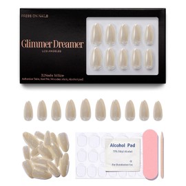 Press On Nails 32 White – Medium Almond I Thick Gel Coating Reusable Press on Nails - Lustrous Pearl I Pearl Tip for Adult I Nails with Adhesive Tabs, Clean Pad, Nail File & Wood Stick