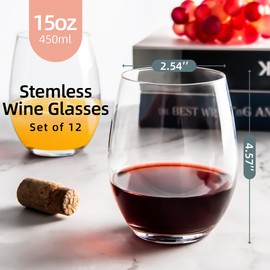 Stemless Wine Glasses, 15 oz Stemless Glasses Set of 12 for Red or White Wine, Stemless Glassware, No Stem Wine Glasses, Drinking Glasses, Clear