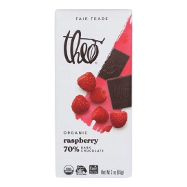 UD_ Theo Chocolate Organic Dark Chocolate Bar 70% Cacao Raspberry Flavored 3 Oz Pastilles in Bulk Case 12 Bars