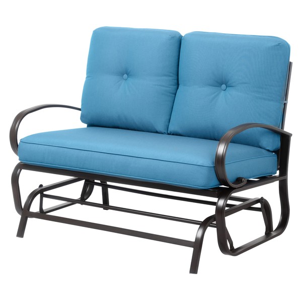 JY QAQA Outdoor Patio Metal Glider Rocking Bench, Garden Porch Furniture Glider, Wrought Iron Chair Set with Cushion, Blue