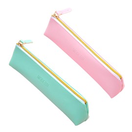 Bojueshaw 2Pcs Slim Leather Pencil Case,Minimalist PU Leather Pen Pouch with Zipper,Mini Makeup for School,Office,Travel(Pink&Green)