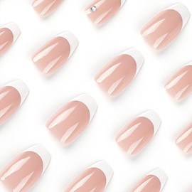 Short Coffin Press on Nails White French Tip Fake Nails with Rhinestone Designs Nude Tips Nails Press ons Acrylic Glue on Nails Full Cover False Nails Artificial Stick on Nails for Women 24 Pcs