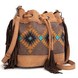 Montana West Aztec Bucket Bags for Women Western Fringe Crossbody Bag Ladies Vintage Drawstring Bucket Bag MW1312-8311CF
