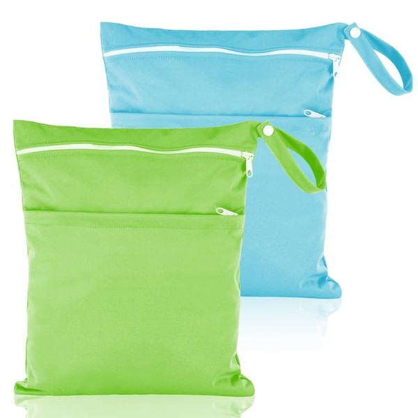 Fingertoys Pack of 2 Waterproof Cloth Nappies Wet Bags Large Changing Bag Wet Bag Wet Bags Reusable Wet Dry Cloth Nappy Bag with Zip for Baby Travel On the Go, Light blue and green